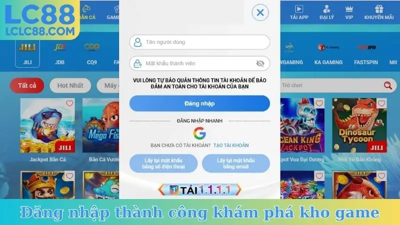 Đăng nhập thành công khám phá kho game
